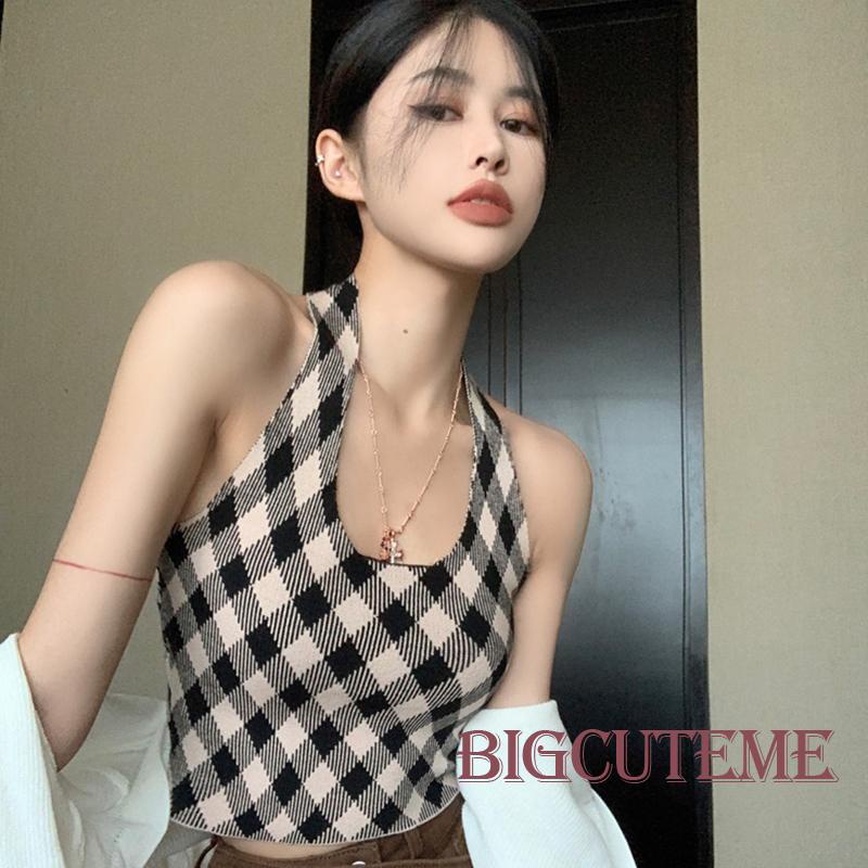 Áo Lửng Không Tay Họa Tiết Caro Thời Trang Quyến Rũ Cho Nữ