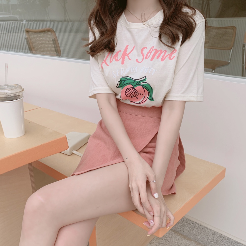 SUXI Set Áo Thun Ngắn Tay Form Rộng In Họa Tiết Và Chân Váy Ngắn Lưng Cao Thời Trang Hàn Quốc