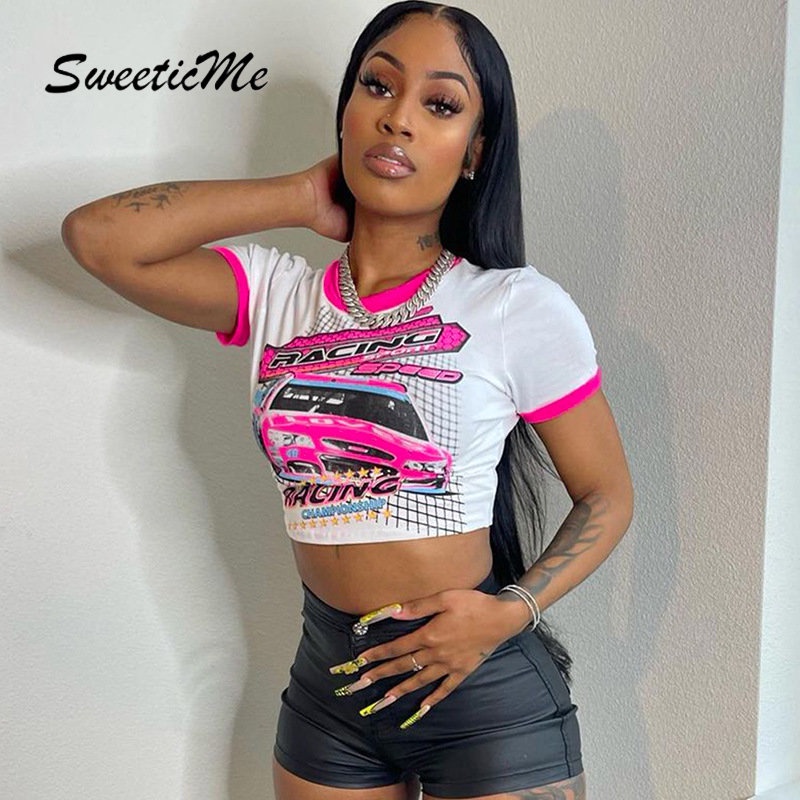 Áo Thun Croptop Tay Ngắn Cổ Tròn Dáng Ôm In Họa Tiết Thời Trang 2023 Cho Bạn Gái