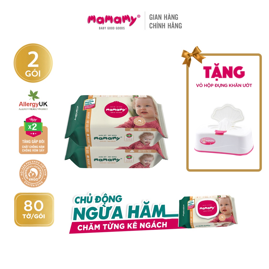 Combo 2 tặng 1 hộp đựng Khăn giấy ướt 80 tờ không nắp chủ động ngừa hăm Mamamy Không mùi/Mùi dịu nhẹ an toàn cho bé