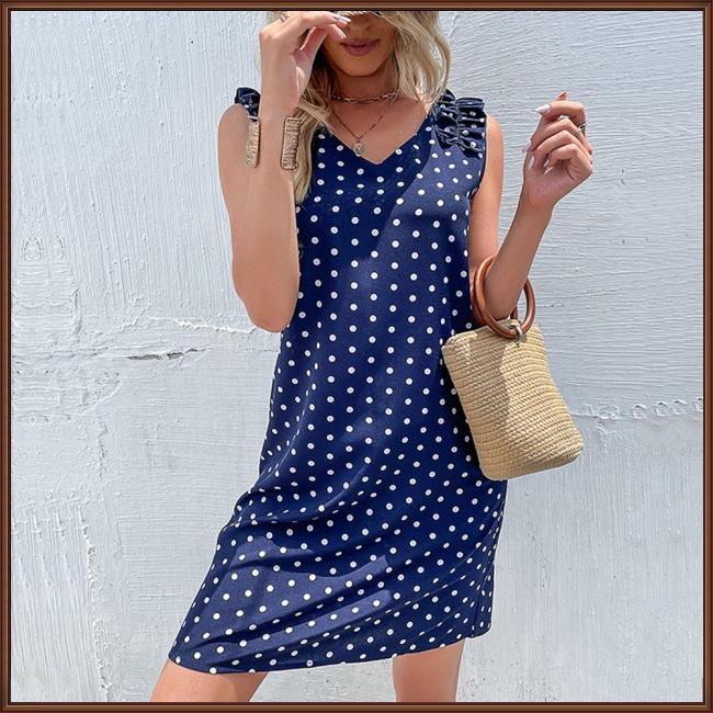 Đầm Midi Không Tay Cổ Chữ V Họa Tiết Chấm Bi Phong Cách Retro Dành Cho Nữ