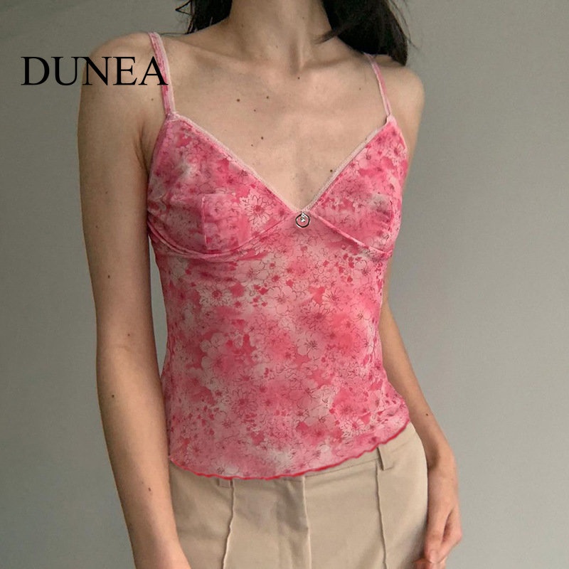 DUNEA Áo Tank Top Cổ Chữ V Phối Lưới Họa Tiết Hoa Quyến Rũ Cho Nữ