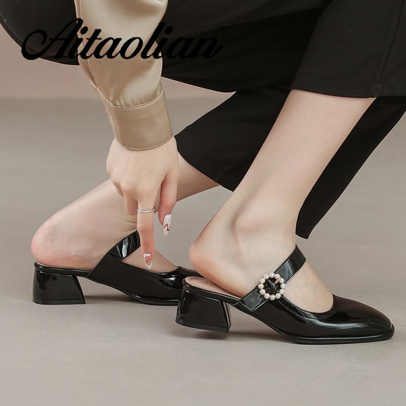 Dép Cao Gót 4cm Mũi Nhọn Đế Dày Bằng Da Mềm Cho Nữ