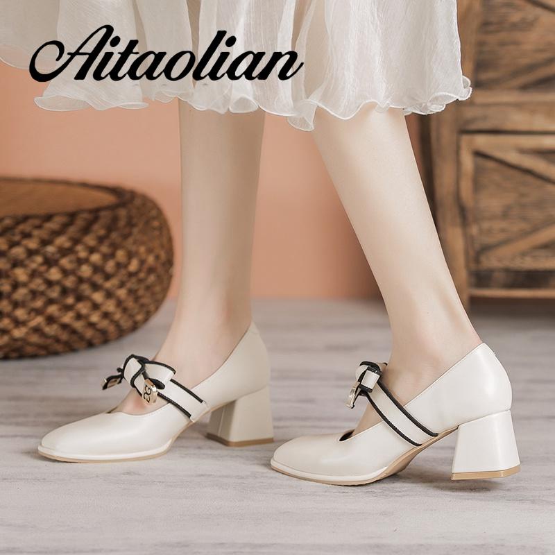 Giày Cao Gót 5Cm Da Mềm Mũi Vuông Phong Cách retro Anh Quốc