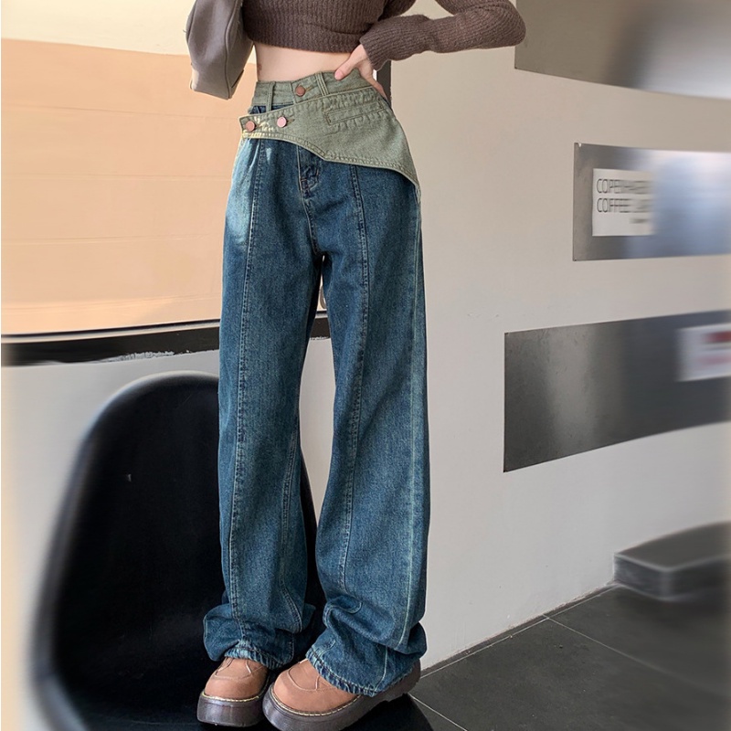 Quần Jean Dài Lưng Cao Ống Rộng Thời Trang Cá Tính Trẻ Trung