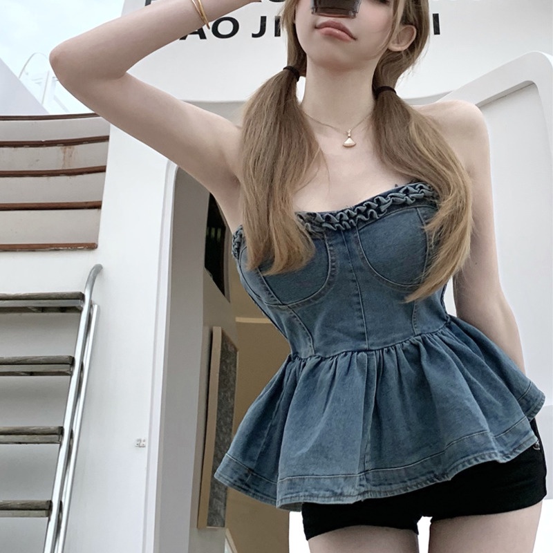 Áo Thun denim Hở Vai Thời Trang Hè Cá Tính Cho Bé Gái