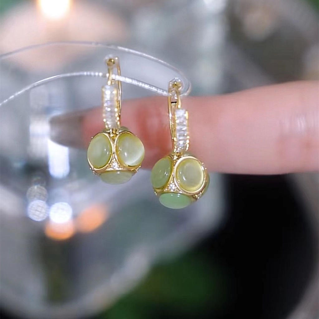 Khuyên Tai Tròn Đính Đá Mắt Mèo Tự Nhiên Thiết Kế Mới Tinh Tế Cho Nữ