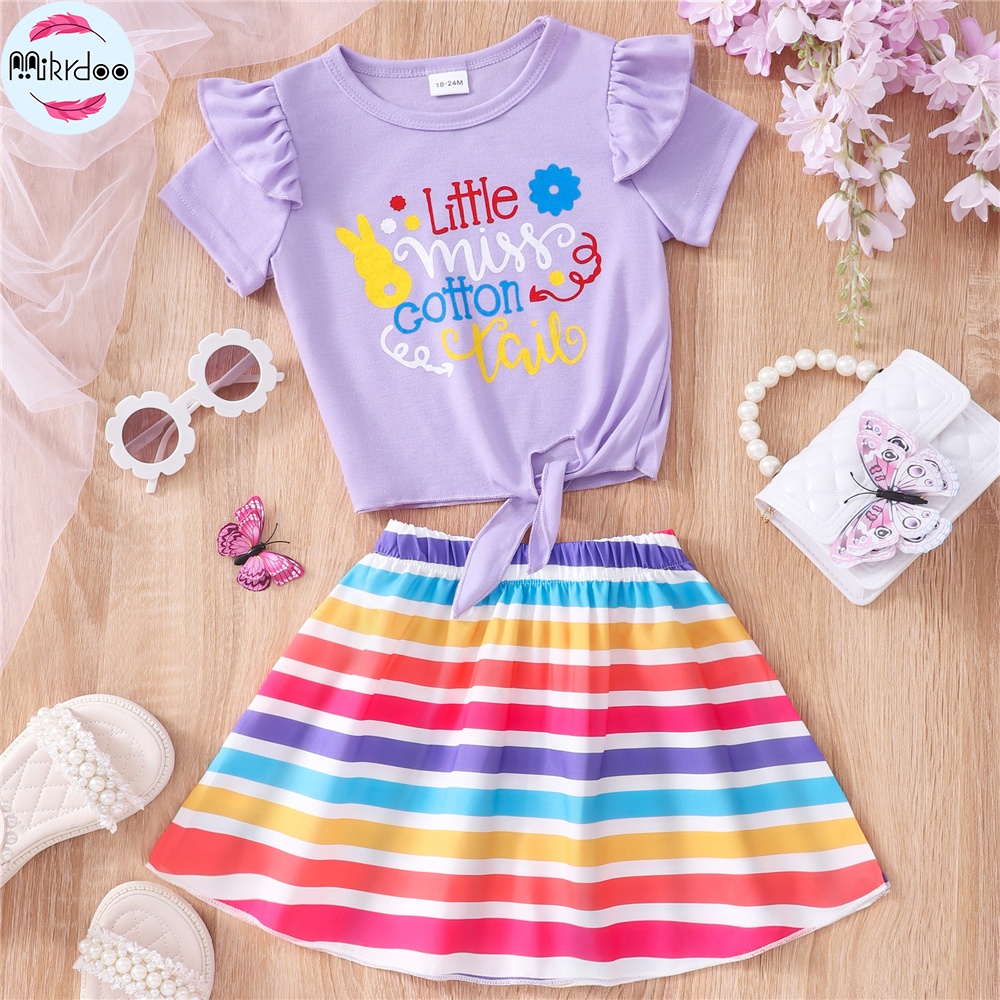 Set Đồ Mùa Hè 2 Món Gồm Áo Thun Tay Cộc In Họa Tiết Có Váy Kẻ Sọc Cho Bé Gái 1-7 Tuổi