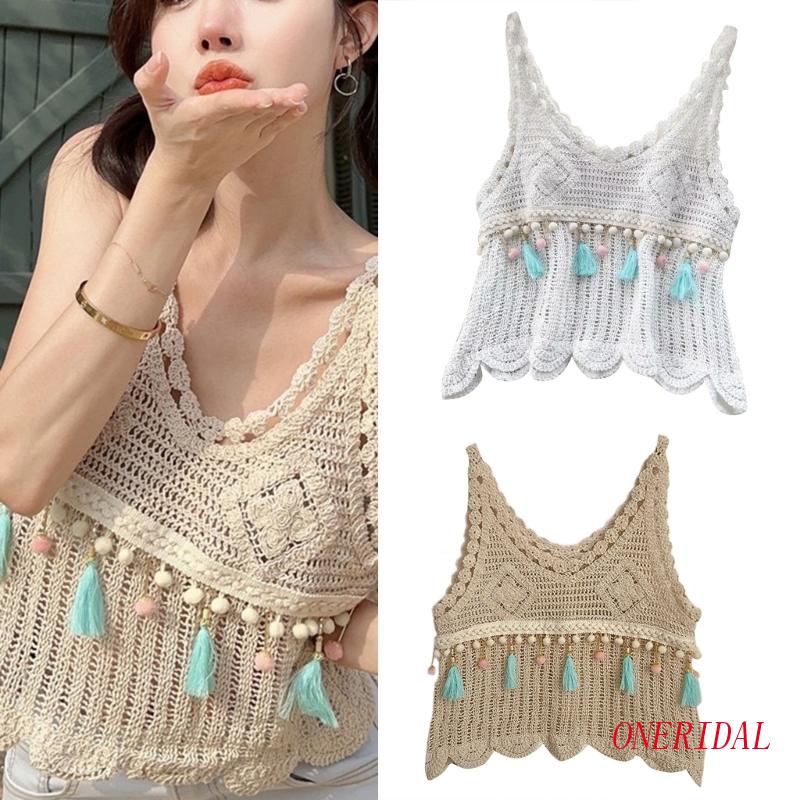 Áo Croptop Dệt Kim Cổ Tròn Phối Tua Rua Thời Trang Mùa Hè Quyến Rũ Cho Nữ