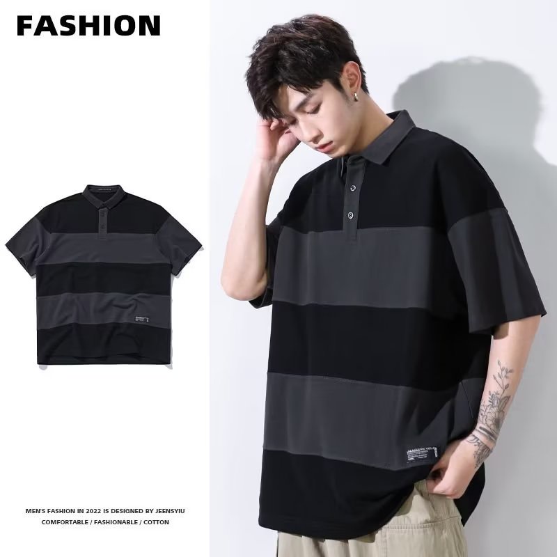 Áo Thun polo Tay Ngắn Dáng Rộng Họa Tiết Kẻ Sọc Màu Sắc Tương Phản Phong Cách Nhật Bản Thời Trang Mùa Hè Cho Nam
