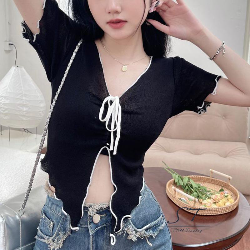 Áo Thun Tay Ngắn Cổ Chữ V Phối Dây Rút Thời Trang CY03 Cho Nữ