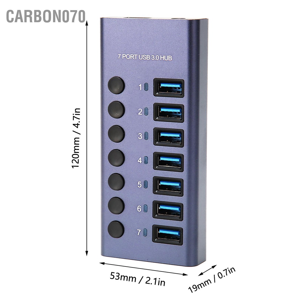 Carbon070 Hub USB 3.0 7 Cổng 5Gbps 5V 2.4A 36W Công Tắc Cá Nhân Đèn LED Chỉ Báo Đế Cắm Cho Điện Thoại Máy Tính 100‑240V