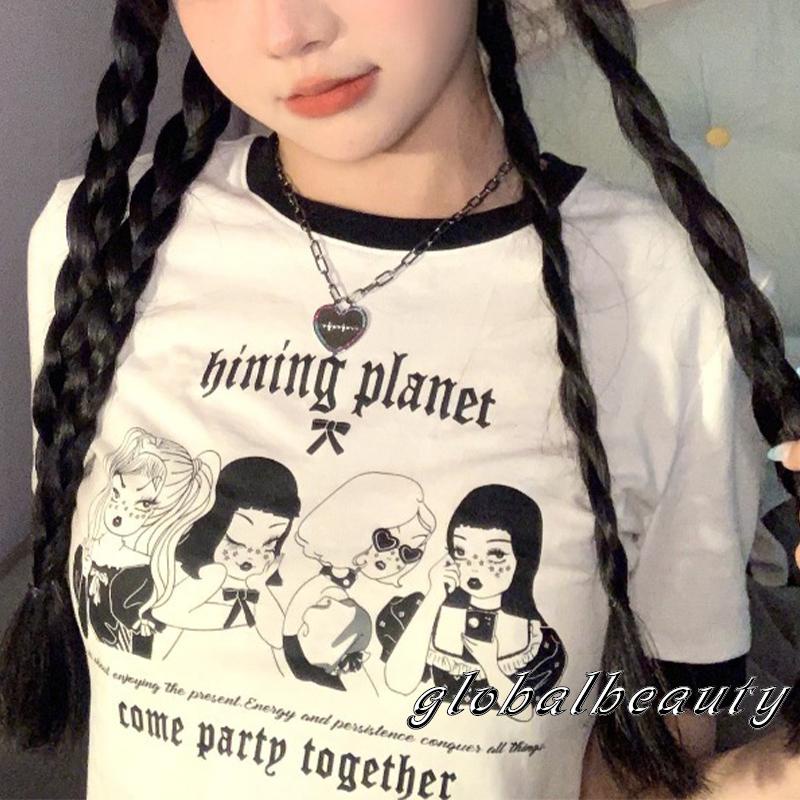 Áo Thun Crop Top Tay Ngắn Cổ Tròn In Họa Tiết Hoạt Hình Thời Trang Mùa Hè Cho Nữ