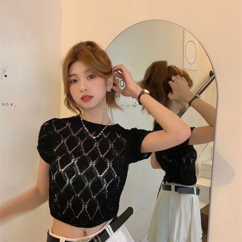 Áo Croptop Dệt Kim Tay Ngắn Hở Lưng Thời Trang Mùa Hè Hàn Quốc Cho Nữ