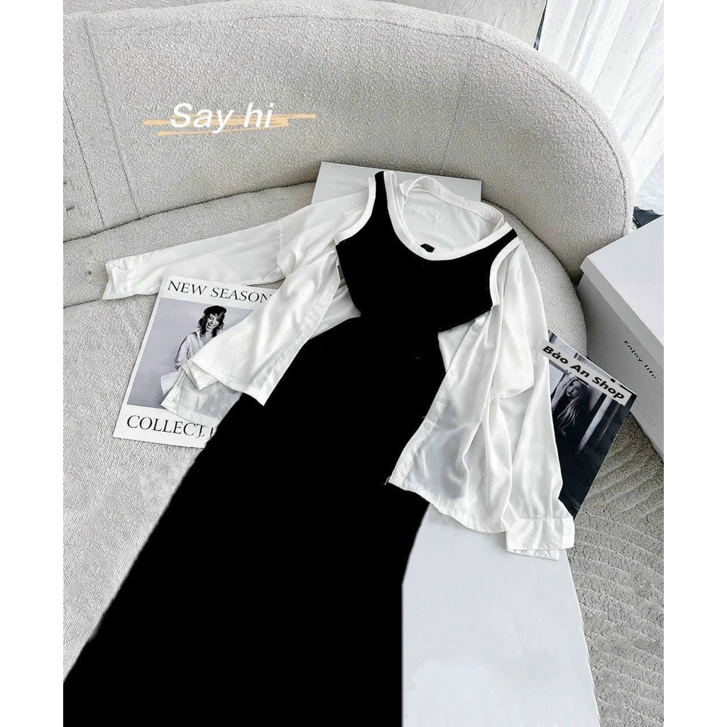 Sét bộ nữ 2 món đầm 2 dây viền ôm body phối áo khoác kate lụa form rộng FreeSize feedback Bảo An Shop hot top trend