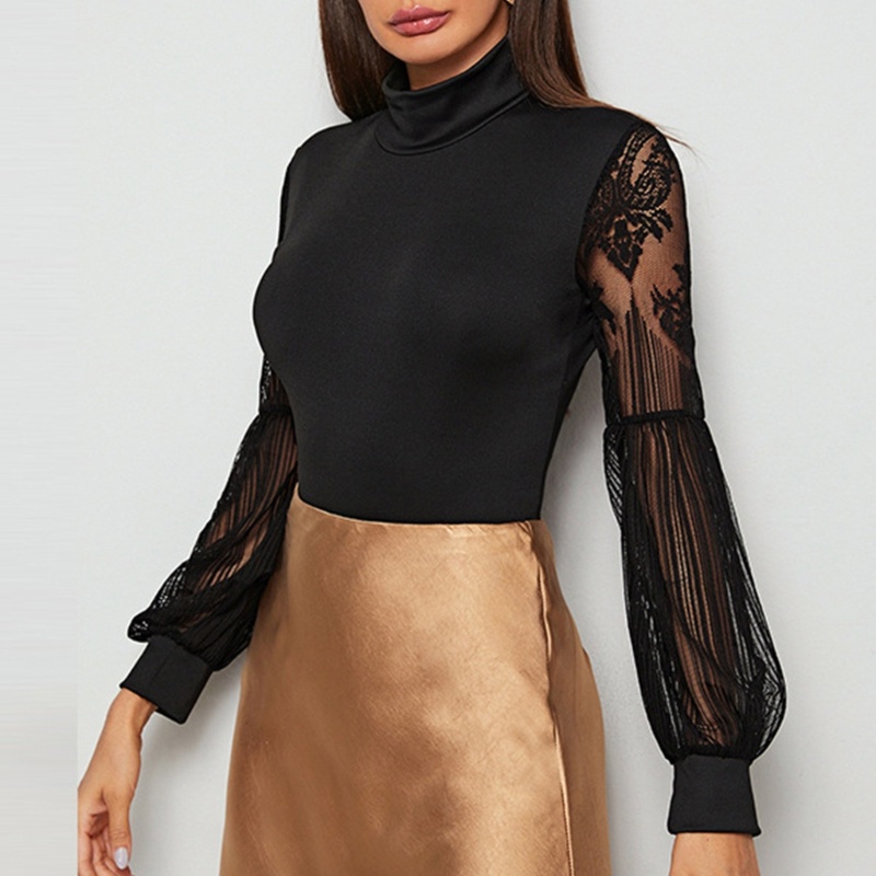 Bộ Áo Liền Quần Cổ Lọ Phối Ren Ôm Dáng Quyến Rũ Cho Nữ