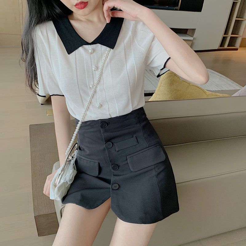 Áo Thun polo Dệt Kim Mỏng Tay Ngắn Dáng Ôm Thời Trang Mùa Hè Cho Nữ