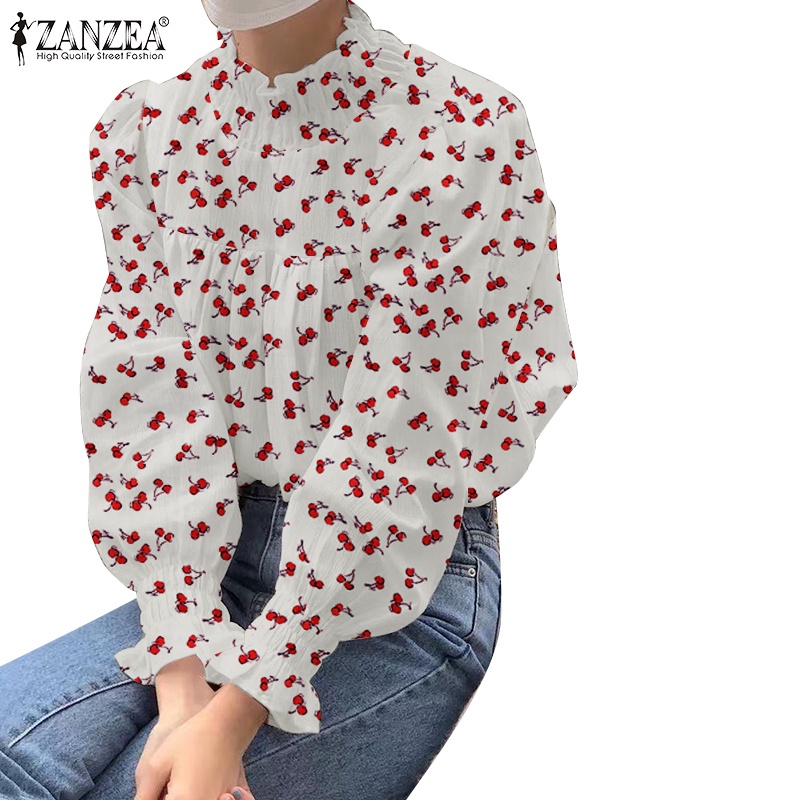 ZANZEA Áo Kiểu Dài Tay Cổ Cao Họa Tiết Trái Cherry Thời Trang Nữ Tính