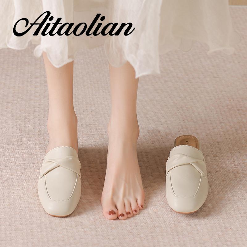 Dép Da Mềm Cao Gót 4cm Mũi Tròn Thời Trang Cho Nữ