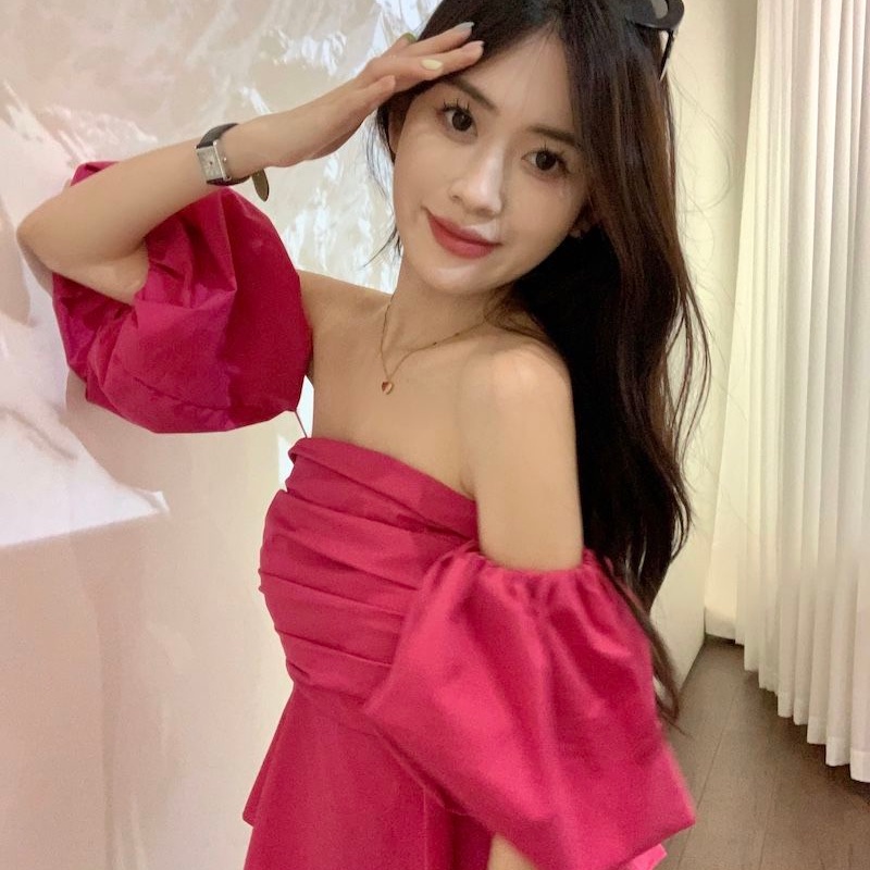 Cozok Áo Sơ Mi Tay Phồng Ngắn Xếp Ly Một Bên Vai Ôm Dáng Kiểu Vintage