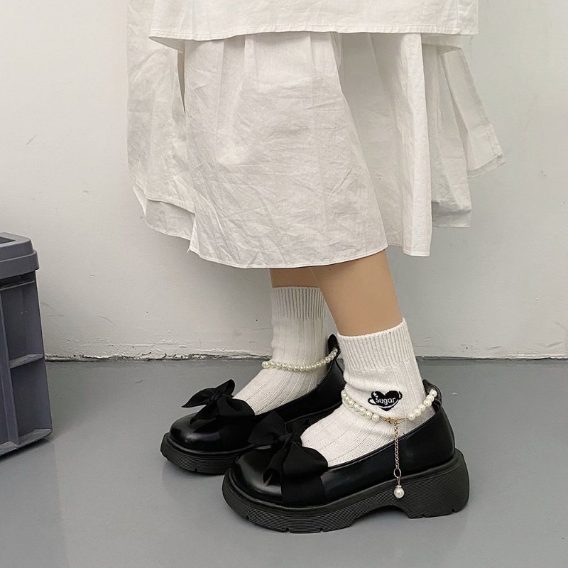 Giày Búp Bê Da Đế Dày Đính Nơ Ngọc Trai Phong Cách Lolita