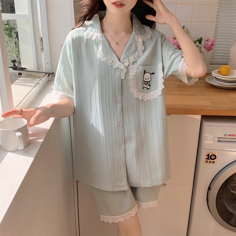 Bộ Đồ Ngủ Chất Liệu Cotton Phối Ren Thêu Họa Tiết Hoạt Hình Phong Cách Hàn Quốc Thời Trang Mùa Hè Cho Nữ