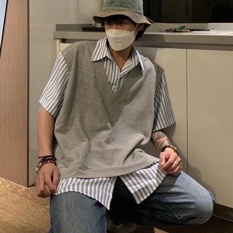 Áo Sơ Mi Giả Hai Lớp + Quần Short Dáng Rộng Thời Trang Mùa Hè Cho Nam