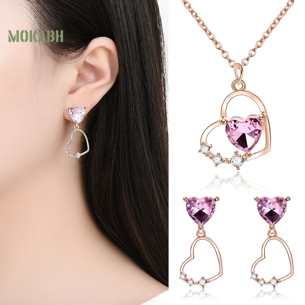 1 Set Vòng cổ Và Bông Tai Mặt Trái Tim Đính Đá Thời Trang