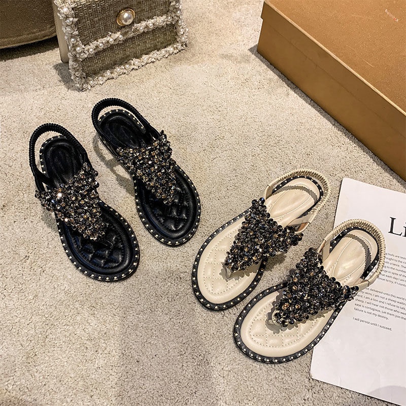 Giày Sandals Đế Bằng Đính Đá Trang Trí Sành Điệu Hợp Thời Trang Cho Nữ