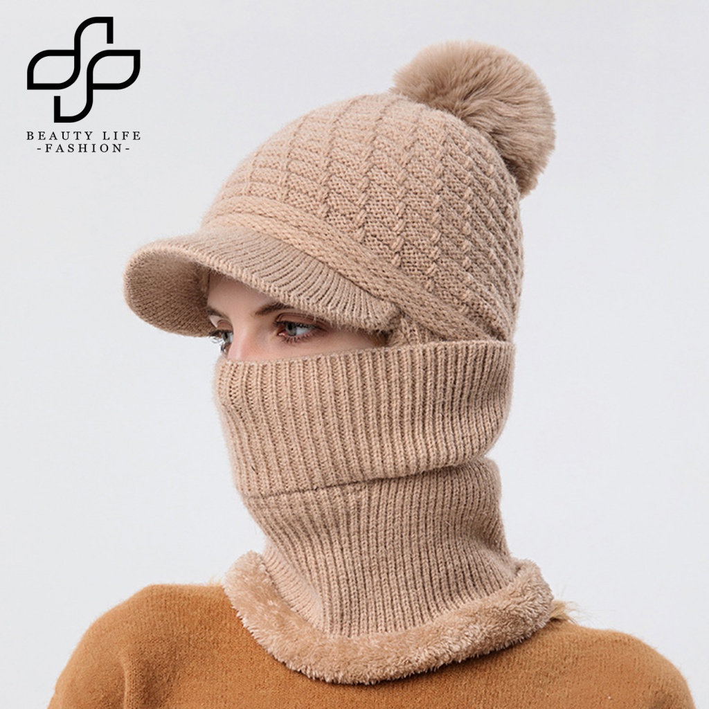 Beautylife Mũ Len Trùm Đầu Siêu Co Giãn Màu Trơn Chống Gió Giữ Ấm Tai Kèm Khăn Quấn Cổ Cho Nữ
