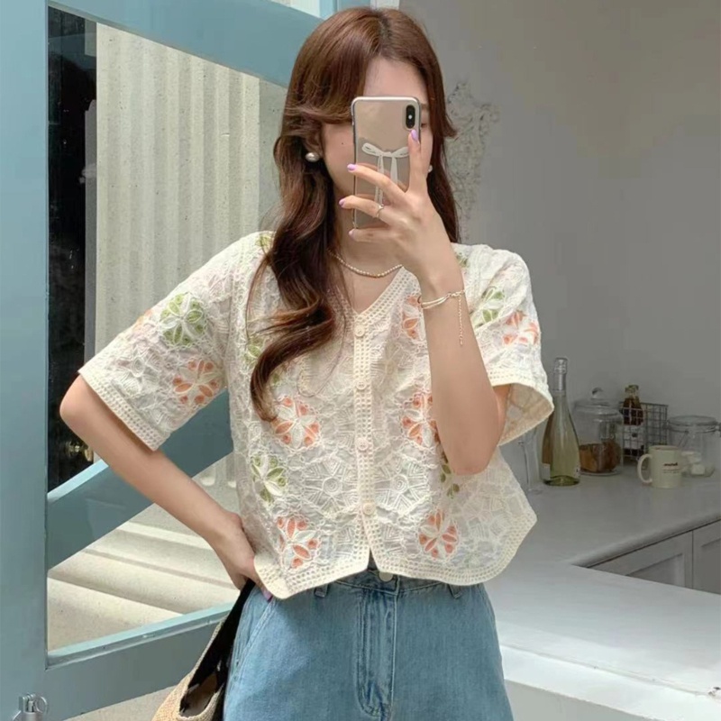 Áo Tank Top Dệt Kim Tay Ngắn Thêu Hoa Xinh Xắn Cho Nữ