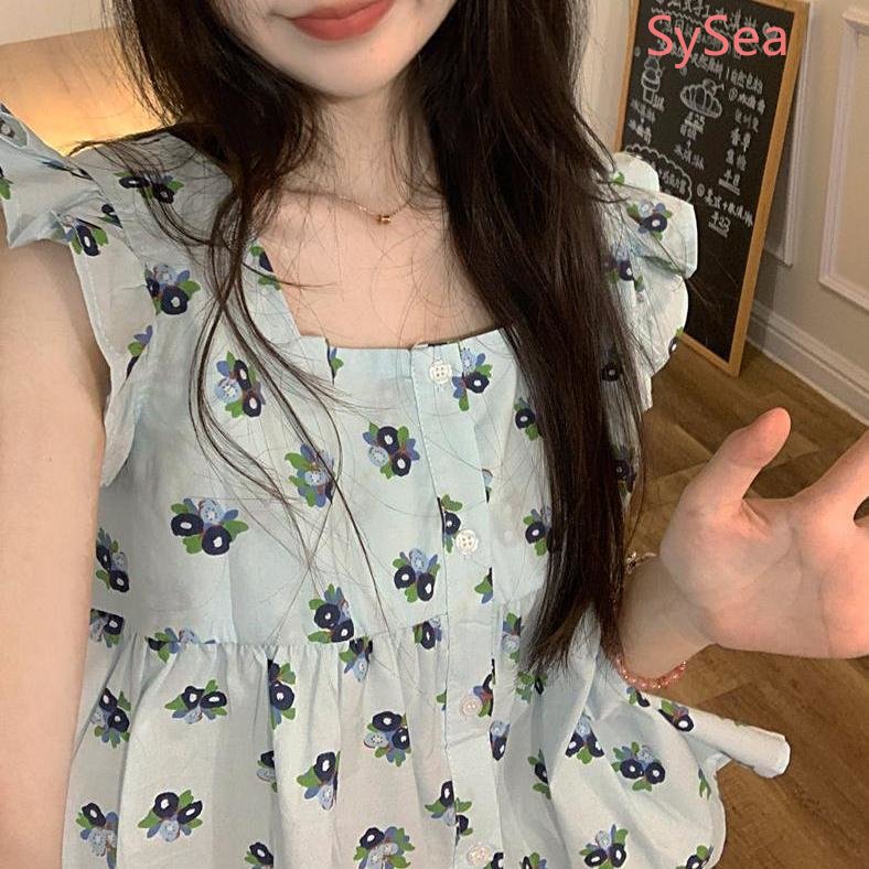 Áo Kiểu Tay Phồng Cổ Vuông Họa Tiết Hoa Phong Cách Pháp