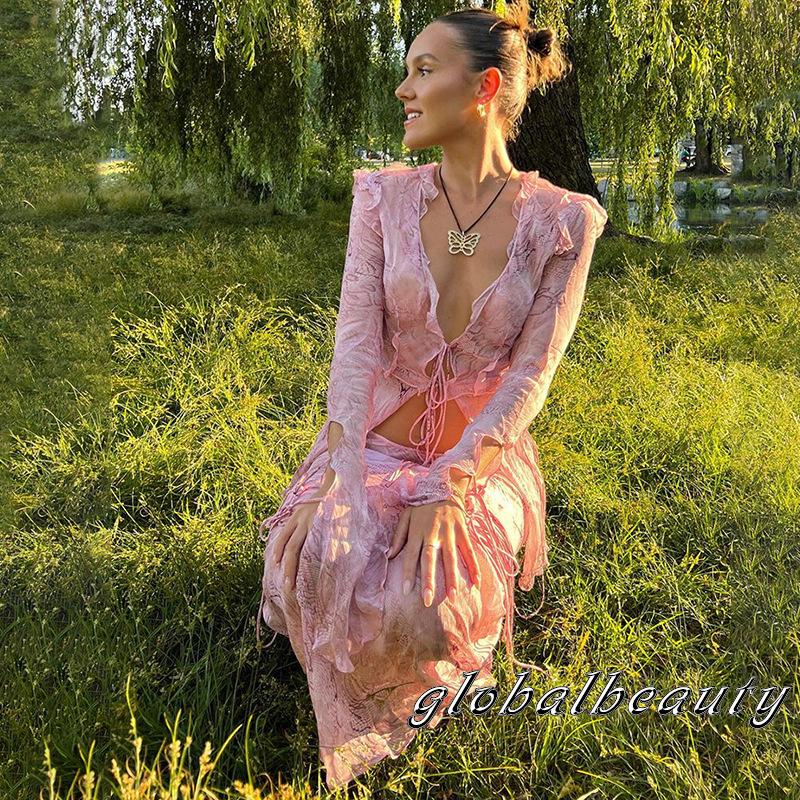 Bộ Trang Phục 2 Mảnh Gồm Áo Dài Tay Cổ Chữ V Thắt Dây Và Chân Váy Dài Thời Trang Mùa Xuân Cho Nữ