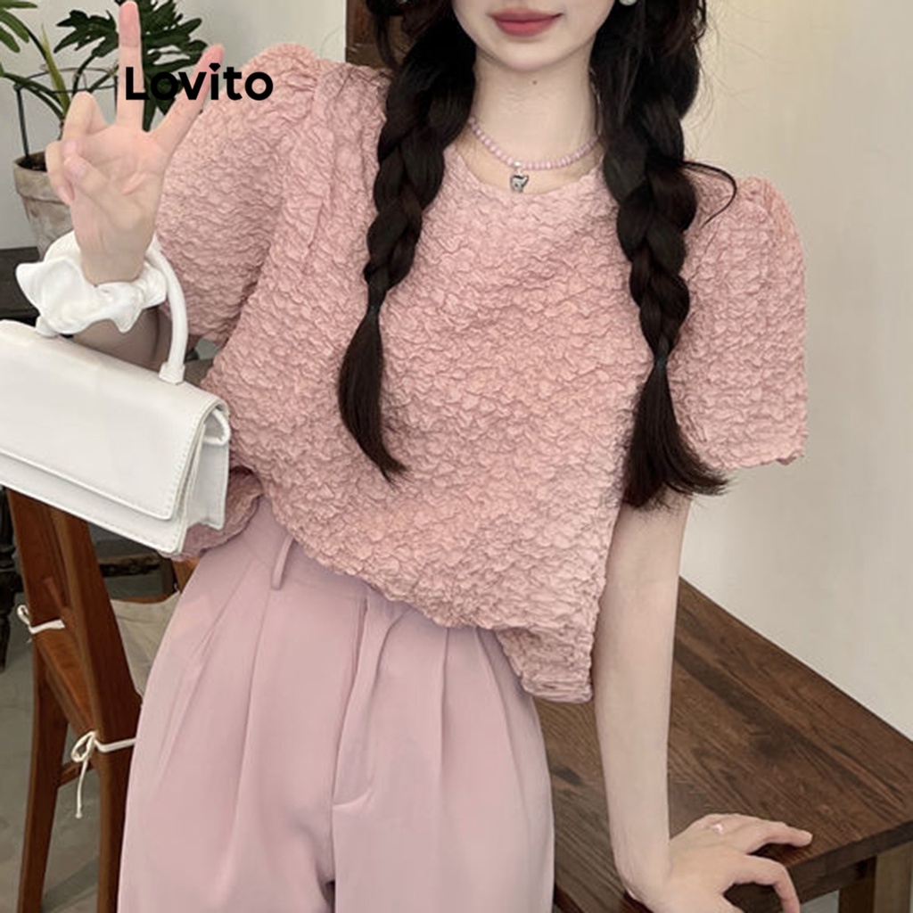 Lovito Áo kiểu trơn ngắn tay giản dị cho nữ LNA10079 (Hồng)