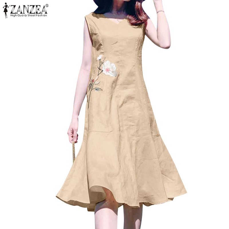 Zanzea Đầm Cotton Đuôi Cá Không Tay Thêu Họa Tiết Thời Trang Hàn Quốc Cho Nữ