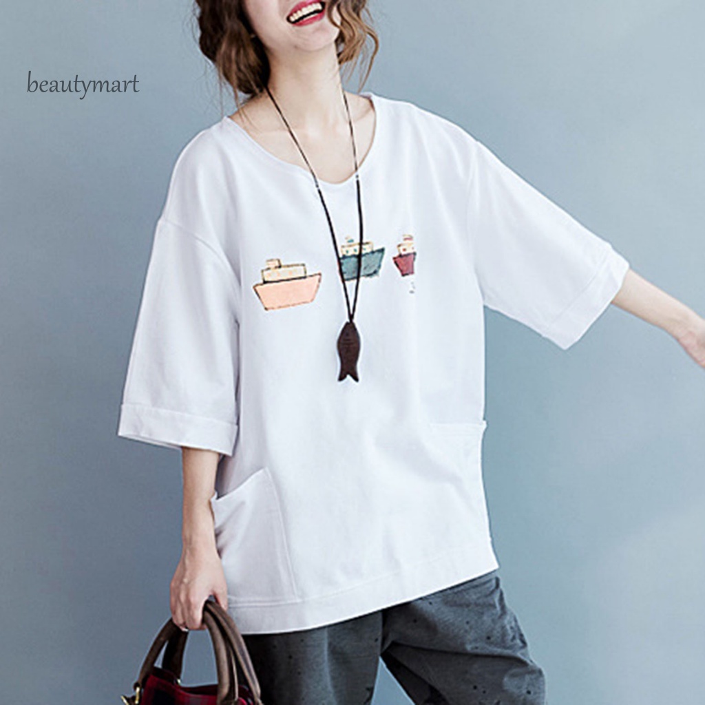 Áo Thun Mùa Hè Dáng Rộng Tay Lửng Cổ Tròn Có Túi In Họa Tiết Hoạt Hình Cho Nữ beautymartm1