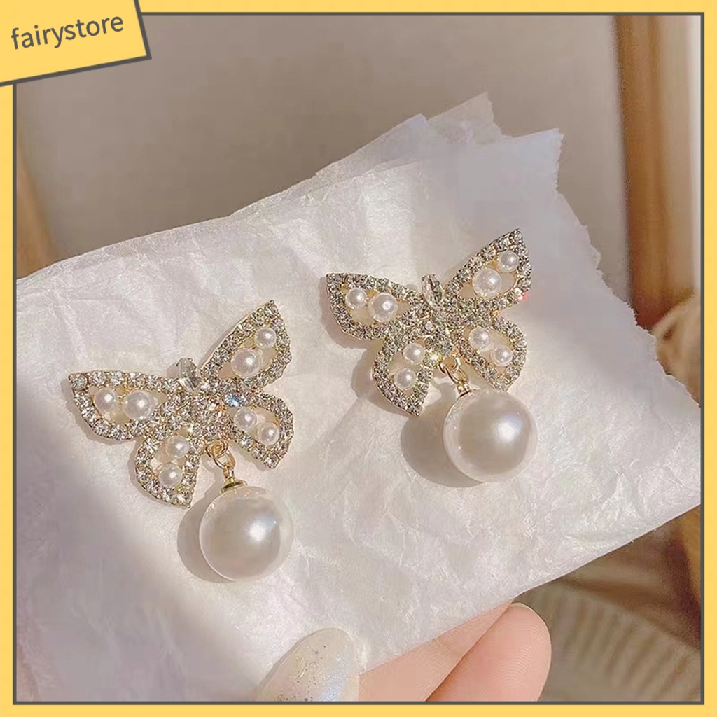 1 Đôi Bông Tai Dáng Dài Hình Bướm Đính Ngọc Trai Giả Phong Cách Pháp Thanh Lịch