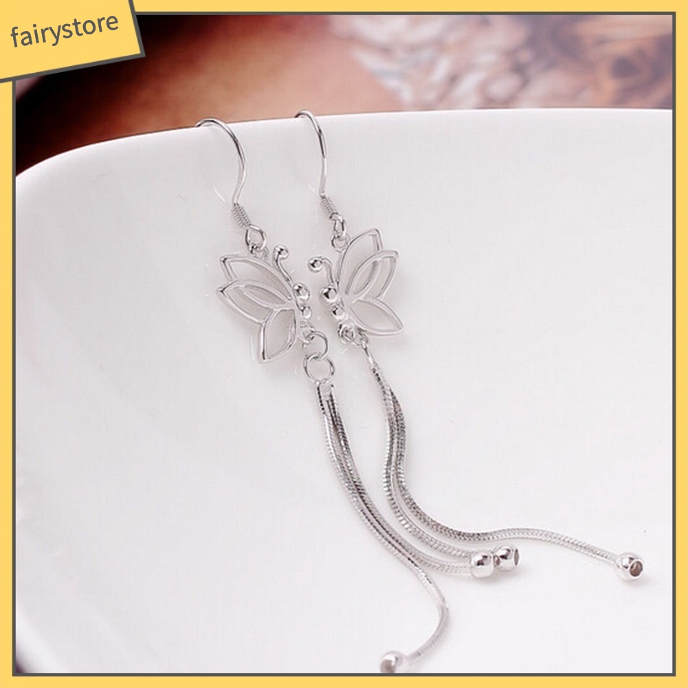 Bông Tai Dáng Dài Hình Bướm Rỗng Phối Tua Rua Thời Trang Dự Tiệc Cho Nữ