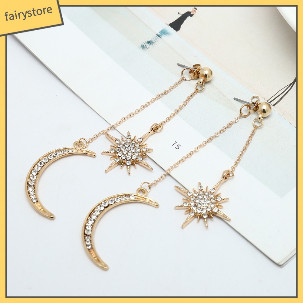 Bông Tai Dài Hình Trăng Sao Đính Đá Thời Trang Dành Cho Nữ