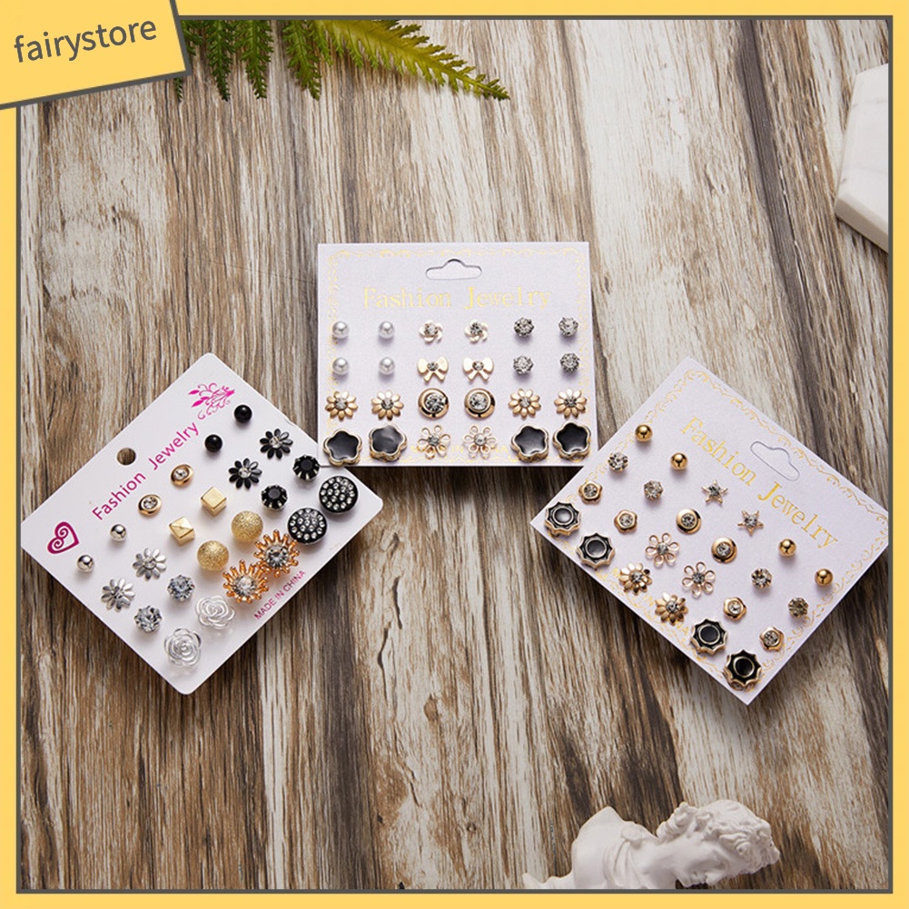 Set 12 Đôi Khuyên Tai Đính Đá / Ngọc Trai Giả Thời Trang Thanh Lịch Dành Cho Nữ