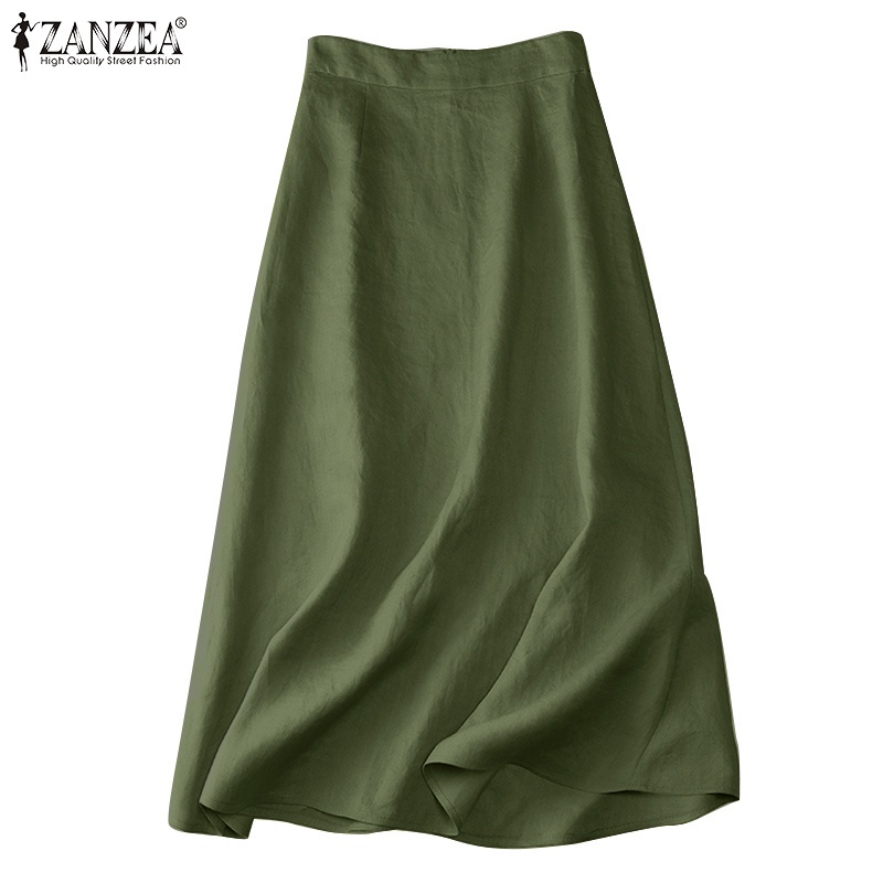 Chân váy ZANZEA cotton màu trơn dáng chữ A có khóa kéo thời trang Hàn Quốc cho nữ