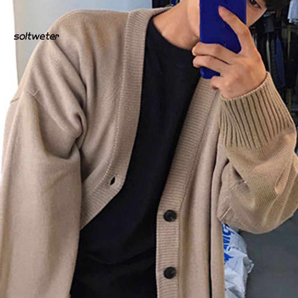 Áo Khoác Dệt Kim Tay Dài Cổ Chữ V Màu Sắc Trơn Cài Nút Thời Trang Thu Đông Cho Nam