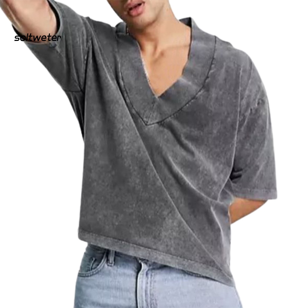 Áo Thun Cổ Chữ V Dáng Rộng Màu Sắc Tinh Khiết Phong Cách Vintage Thời Trang Mùa Hè Cho Nam