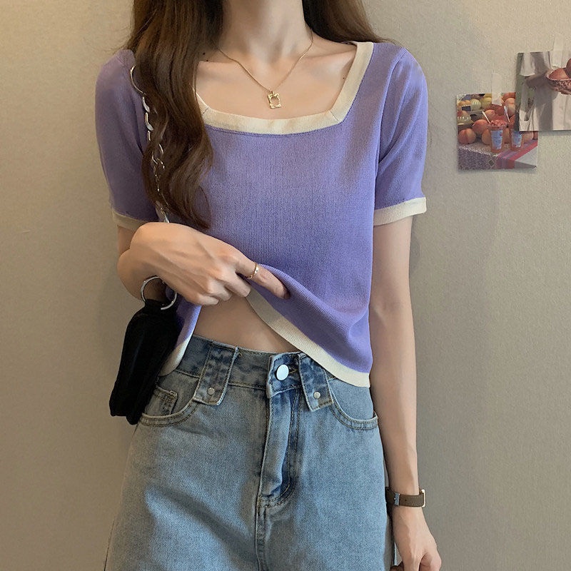 Áo Thun Tay Ngắn Cổ Vuông Màu Tương Phản Phong Cách Hàn Quốc Thời Trang Cho Nữ