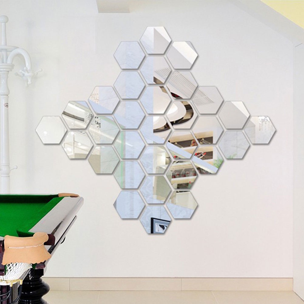 Bộ 12 Miếng Dán Tường Tráng Gương Hình Lục Giác 3D Bằng Acrylic Độc Đáo Trang Trí Nhà Cửa DIY