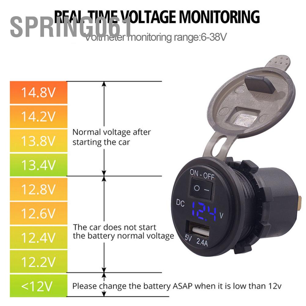 Spring061 Bộ sạc điện thoại kỹ thuật số LED 12V IP66 2.4A chuyển đổi công tắc độc lập với dòng 23 6in