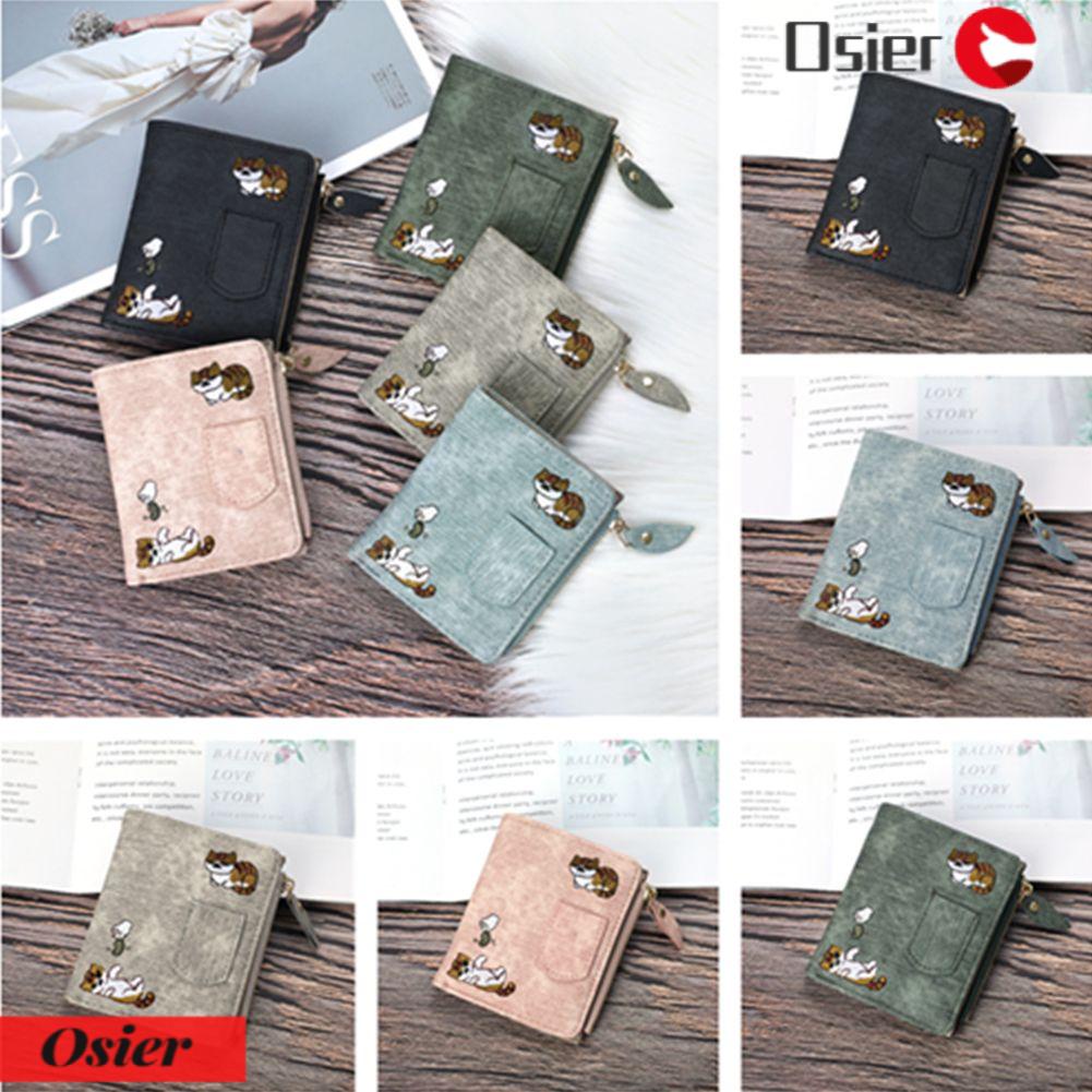 Ví Ngắn Vải Canvas Chất Lượng Cao Thêu Họa Tiết Mèo Có Khóa Kéo 1 Ngăn Đựng Thẻ Kiêm Giá Đỡ