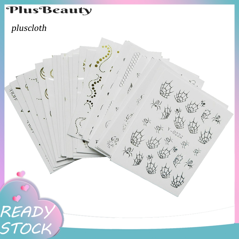 Set 30 Tấm Nhãn Dán Móng Nghệ Thuật Họa Tiết Bướm / Mèo / Nhện Màu Vàng / Bạc