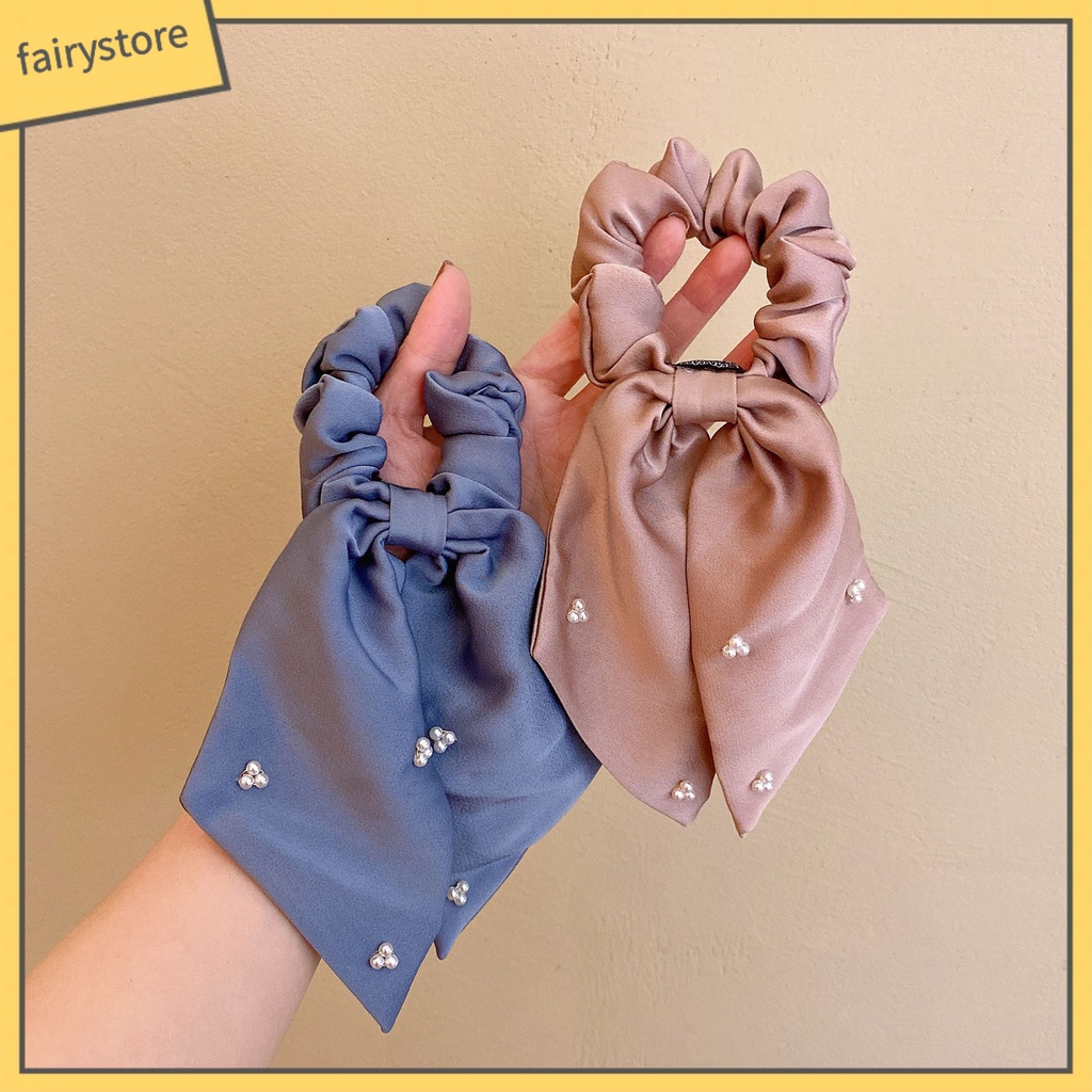 Dây Cột Tóc Đính Nơ Ruy Băng Và Ngọc Trai Giả Mini Thanh Lịch Cho Nữ