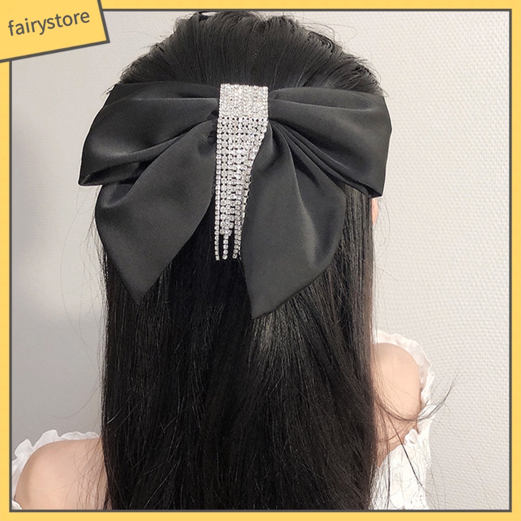 Kẹp Tóc Nơ Đính Đá Tua Rua Màu Đen Cho Nữ